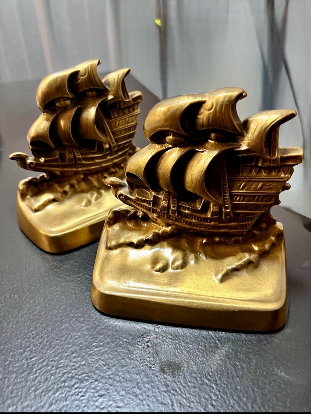 Vintage Nautical Ship Bookends Brass Metallic Gold